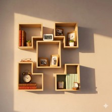Çamsan Rafixa Bal Meşe Mdf Beşli Geometrik Duvar Rafı - Modern Kitaplık ve Estetik Obje Paneli