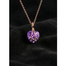 Roza Silver 925 Ayar Gümüş Rose Renk Ametist Taşlı Kafes Kalp Arkadaşlık Kolyesi