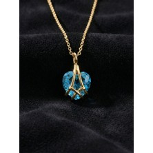 Roza Silver 925 Ayar Gümüş Gold Renk Akuamarin Taşlı Kafes Kalp Arkadaşlık Kolyesi