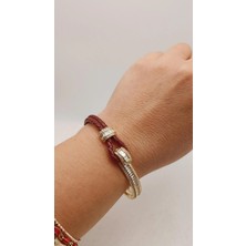Tılsım Accesories Zirkon Taşlı Gold - Kahverengi Deri Bileklik
