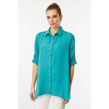 Desen Triko Kadın Truvakar Kol Keten Gömlek Yeşil