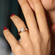 Nusret Takı 925 Ayar Gümüş Tek Incili Zirkon Taşlı Yüzük