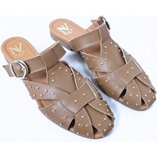 Ne&Ve Shoes Hakiki Deri Pim Detaylı ve Tokalı Kadın Kare Burun Sabo Terlik
