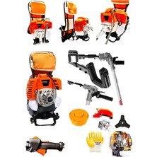 Moonshop Çelik Motor 5hp 52CC Benzinli Sırt Tipi Tırpan Çayır Ot Biçme Makinesi + Zeytin Silkeleme Makinesi