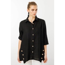 Desen Triko Kadın Truvakar Kol Keten Gömlek Siyah