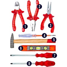 Moonshop 3lü Pense 3lü Tornavida Çekiç+Su Terazisi  8 Parça...