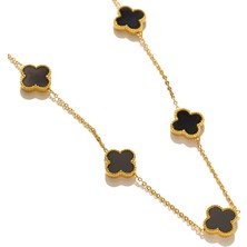Chic & Shine Çelik Beş Yoncalı Kolye - Gold Renk - Siyah Mineli