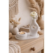 Dtm Home Minimal Living 3’lü Dekoratif Vazo ve Mumluk Seti –  Beyaz Modern Salon Objesi, Taş Dokulu Minimal Tasarım