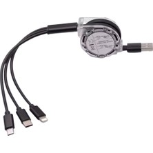 Alfais 6002 USB To Type-C Micro USB Lightning Çoklu Şarj Kablosu Universal Makaralı 3'ü 1 Arada