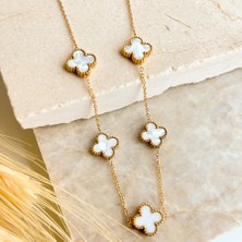 Chic&Shine Accessories Çelik Beş Yoncalı Kolye - Gold Renk - Beyaz Mineli