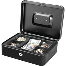 Moonshop Büyük Boy Bölmeli Anahtarlı Çelik Kasa Bozuk Para Kasası Nakit Kutusu Kırmızı Yedek Anahtarlı Siyah.