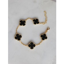 Chic&Shine Accessories Çelik Beş Yoncalı Beileklik - Gold Renk - Siyah Mineli