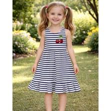 Organickid Blossom Kız Çocuk Mavi Çizgili Fırfırlı Elbise