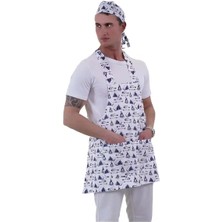 Exve Exclusive Lacivert Karavan Baskılı Karavancı Önlük Apron Şef Barista Aşçı Şapkalı Mutfak Seti