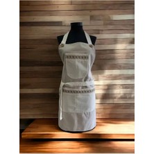 NDC Home Bej Renk Krem Cepli Keten Modern Etnik Tarz Çift Katlı Mutfak Önlüğü