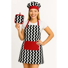 Emrem Home Uzun Mutfak Önlüğü Bone, ve Tutaç / Leke Tutmaz ve Su Itici Zigzag Siyah Beyaz Kırmızı Önlük Seti