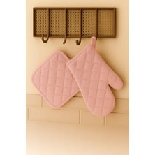 Prokitchen 2 Li Isıya Dayanıklı Fırın Eldiveni ve Tutacak Seti Mutfak Eldiveni Seti Açık Pembe