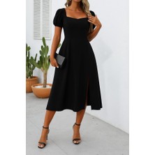 Gacha Kadın Kısa Kollu Kare Yakalı Yırtmaçlı Midi Janjan Krep Elbise