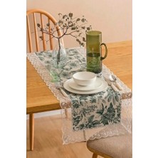 Rona Home Yeşil Çiçekli Pamuklu Runner Dantelli Çiçek Desenli Masa Şalı Özel Tasarım Pamuk Kumaş Runner