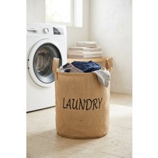 YUNUSOĞLU HOME Çamaşır Sepeti Kumaş Kulplu Jüt Kumaş Katlanabilir Laundry Yazılı Bej Renk