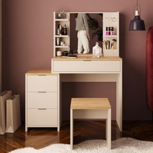 Bimossa V3060 Izabel Tabureli Makyaj Masası Sepet-Kumtaşı Aynalı, 3 Çekmeceli Yan Dolaplı, Raflı Tasarım