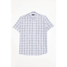 Tudors  erkek Regular Fit Klasik Kesim %100 Pamuk Kısa Kollu Kareli Keten Efektli Cepli Gömlek