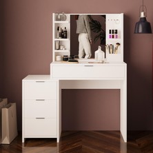 Bimossa A3050 Izabel Makyaj Masası Beyaz 3 Çekmeceli Aynalı Yan Dolaplı Raflı ve Fonksiyonel Tasarım