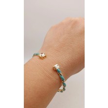 Tılsım Accesories Zirkon Taşlı Gold - Mavi Mineli Kelepçe Bileklik