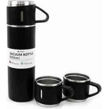 Termos Paslanmaz Çelik Termos Siyah Renk 3 Bardaklı Termos Seti