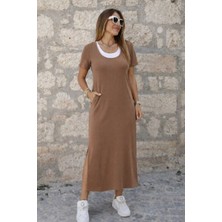 Stelol Kadın Kısa Kollu Içi Atlet Görünümlü Yandan Yırtmaçlı Uzun Viskon Elbise