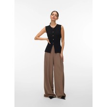 Vero Moda Yuvarlak Yaka Standart Düz Siyah Kadın Kazak Vmsaba Sl O-Neck Button Vest Btq