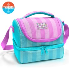 Coral High Kids Turkuaz Pembe Çizgili Desenli Thermo Iki Katlı Beslenme Çantası 1 Adet TR Menşeli