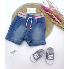 Overdo Pembe Çizgili Beli Lastikli Mavi Denim Şort Denim