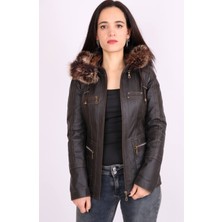 Aclassics Kahverengi Hakiki Deri Kürklü Çıkarılabilir Kapüşonlu Mont Kaban