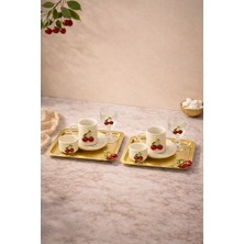 Yzhome 2 Kişilik Kiraz Porselen Kahve Fincan Takımı Seti Kahve Yanı Bardak ve Kare Metal Sunum Tepsi