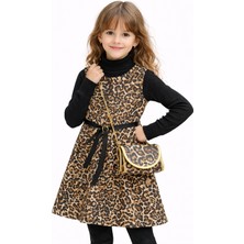 Sibel Günay Butik Kız Çocuk Leopar Desenli Elbise Takım – Çantalı & Kemerli 4’lü Kombin Set