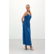 Sateen Askılı Uzun Saten Elbise - Sax Mavi