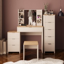 Bimossa U3060 Izabel Makyaj Masası Takımı Sepet-Kumtaşı – Aynalı, 3 Çekmeceli Yan Dolaplı, Raflı