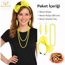 Just Cheap Store 80’ler 90’lar Neon Sarı Parti Seti – Kolye Küpe Taç