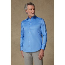 Abbate Donatello Saten Pamuklu Slim Fit Koyu Mavi Klasik Yaka Erkek Düz Gömlek