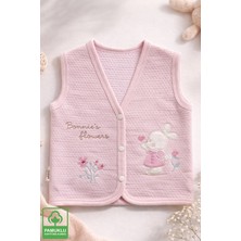 Miniel Kız Bebek Kanaviçe Tavşan Nakışlı Organik Pamuklu 3-6-9 Ay Kapitone Bebek Yelek