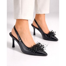 Gökhan Talay Black Beads Esnek Yumuşak Kaymaz Taban (8 Cm) Siyah Rugan Boncuk Detaylı Açık Lastikli Kadın Topuklu Ayakkabı
