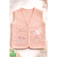 Miniel Kız Bebek Kanaviçe Tavşan Nakışlı Organik Pamuklu 3-6-9 Ay Kapitone Bebek Yelek