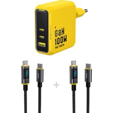 Aohi Youth 3 Portlu 100W Şarj Adaptörü, 2'li LED Ekranlı 140W Hızlı Şarj Kablosu Seti