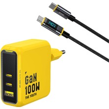 Aohi Youth 3 Portlu 100W Şarj Adaptörü, LED Ekranlı 140W Hızlı Şarj Kablosu Seti