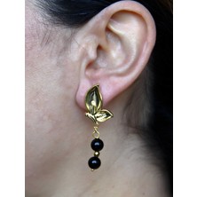 Esha Store Kelebek Model Altın Kaplama Oniks Doğal Taşlı Küpe Kadın Sallantılı Küpe EUKU35O