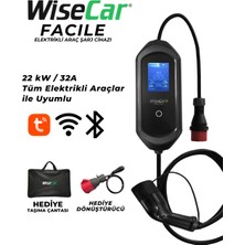 Wisecar Facile 22 Kw 32A Mobil Uygulamalı Elektrikli Araç Şarj Cihazı (Wifi + Bluetooth) Taşınabilir