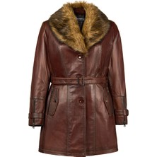 Derimod Rhoda(Plus) Kadın Kahverengi Geniş Kalıp Yaka Kürklü Deri Kaban 25WGE5293NC