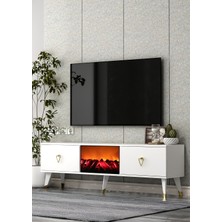 Cantek Dizayn TV0051-0051-TXA150-1 Şömineli Tv Sehpası Beyaz-Altın