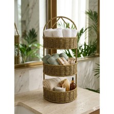 Özel Home Dekoratif 3 Katlı Rattan Havluluk ve Banyo Rafı - Doğal Hasır Şıklığı - 55 cm